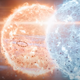 A Jupiter space station from Netflix's Lost in Space floats in front of two very large space bodies, one orange and one blue.
